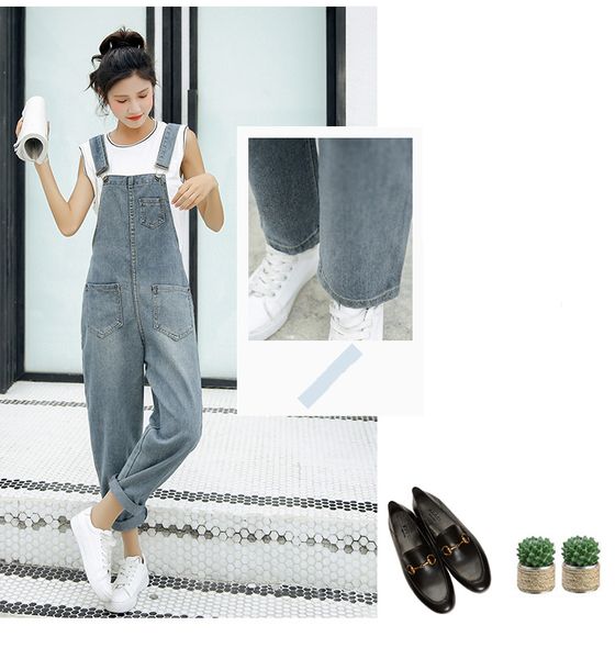 

blue gray female suspenders straight loose conjoined trousers leisure