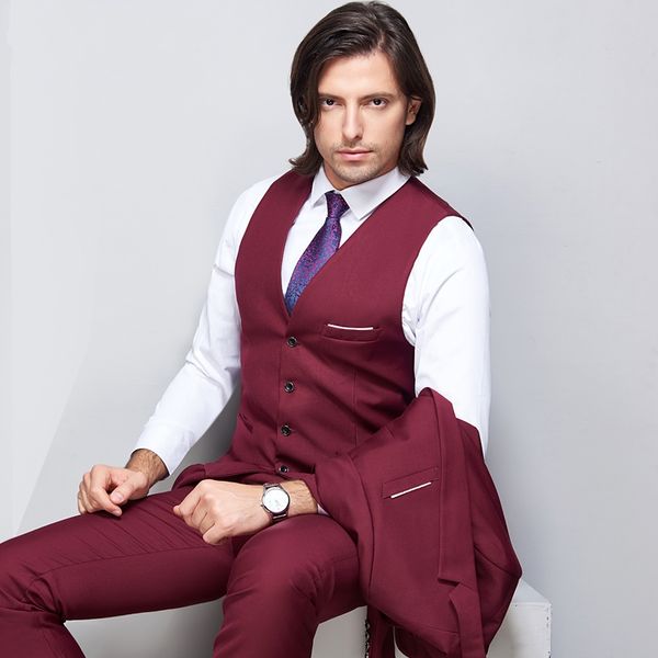 

2020 custom made deep wine red formal wedding men suits three piece notched lapel business groom wedding tuxedos (jacket + pants + vest, Black;gray