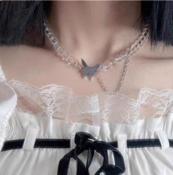 

trendy punk transparent round beads chain cool girls chokers collar necklaces gothic fine butterfly statement women necklaces, Golden;silver