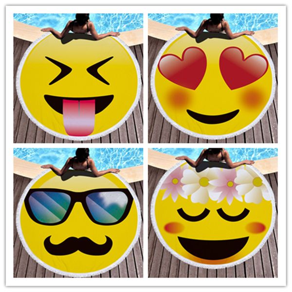 Acheter 24 Conception Grande Serviette De Plage Emoji Ronde Microfibre Avec Gland 150 Cm De Diamètre Doux Couverture Serviette De Plage Châle Tapis De
