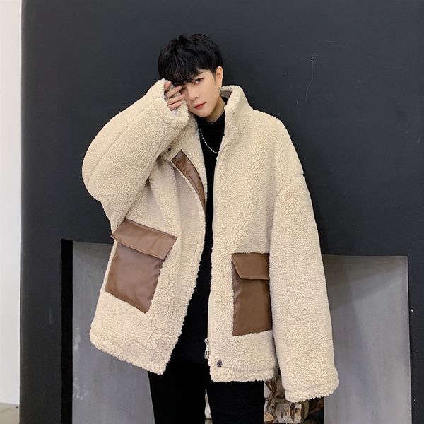 

winter lamb hair jacket men's warm thick fashion parka men leather pocket casual coat man wild loose cotton jacket male clothes, Black