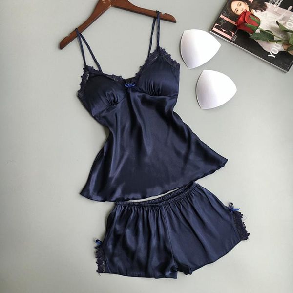 

blue designer woman lingeries women underwears korean version v-neck pyjamas with chest cushion women's summer two piece thin home clo, Black;white