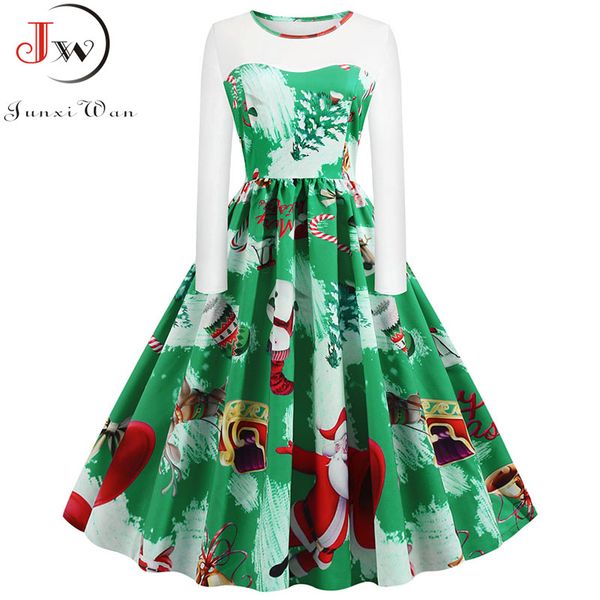 

retro print high waist vintage christmas dress women 2019 autumn winter long sleeve rockabilly a-line party dress 5xl plus size, Black;gray