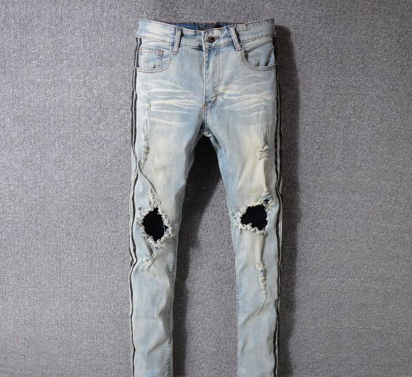 

mens designer jeans light color high street fashion brand side stripe denim pants ripped distressed slim pencil pants motorcycle pants, Blue