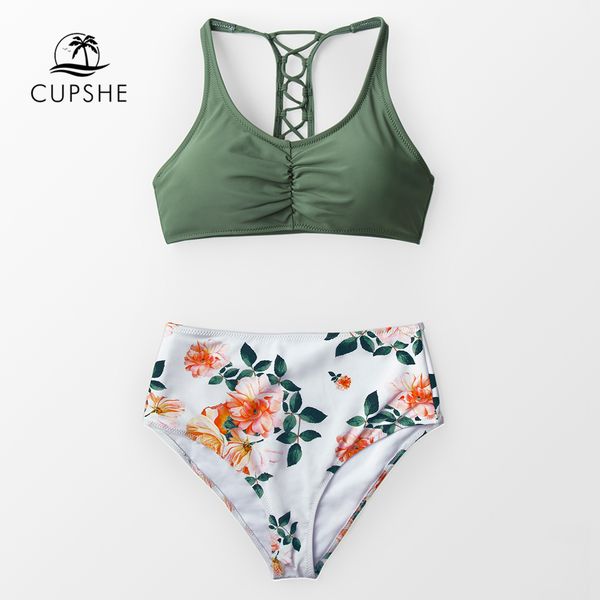 

cupshe зеленый и зеленый высокой талией бикини наборы женщины шнуровка tank две пьесы купальники 2020 девочка пляж купальниках, White;black