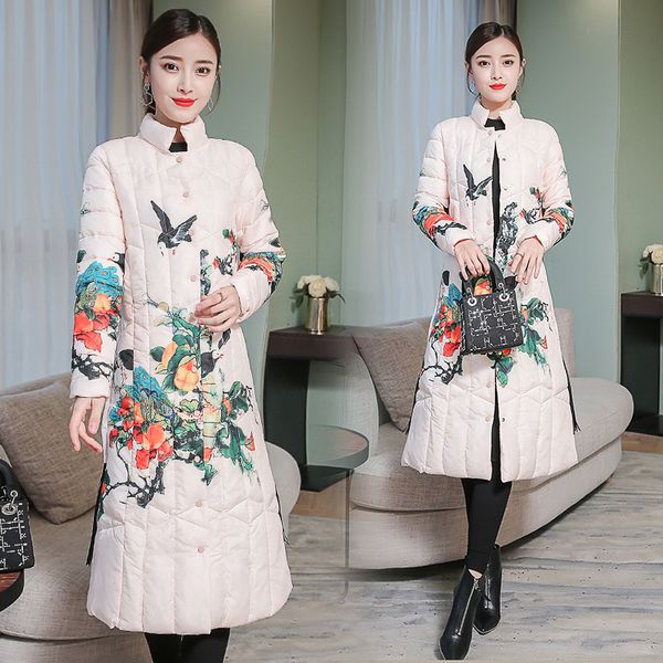 

woman long coat plus size quilted jackets retro winter jacket for womens padded jackets printing warm cotton clothing thick 4109, Black