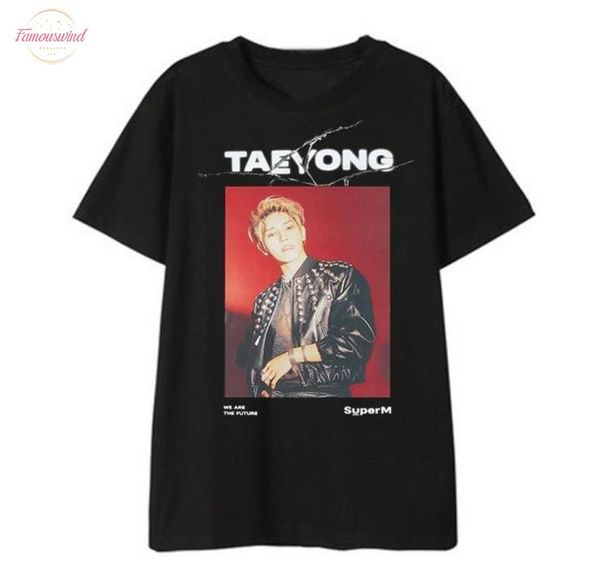 

kpop superm member name p printing o neck short sleeve t shirt polyester summer style k pop black t shirt, White