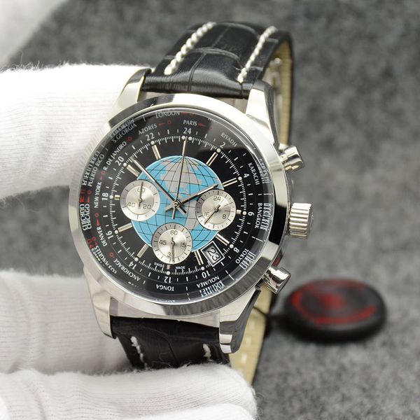 

outdoor men watch 44mm quartz chronograph mens watches wrtistwatches world time cities around the outer rim, Slivery;brown