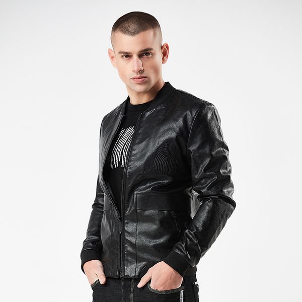 

новые прибытия осень зима марка мотоцикла кожаные куртки пальто мужчины повседневная мода поддельный воротник карман кожаного пальто мужчина, Black
