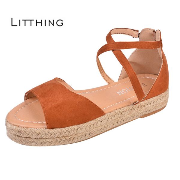 

litthing 2019 summer women sandals wedge espadrilles comfort platform flat shoes for ladies casual sandal solid color plus size, Black