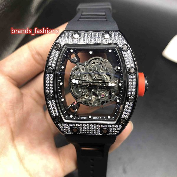 

men's ice diamond watches openwork face watch diamond case watch black rubber strap fully automatic mechanical wristwatch, Slivery;brown