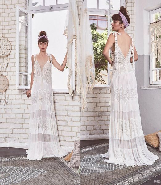 2019 Inbal Raviv Böhmische Brautkleider Spaghetti A-Linie Sweep Zug Spitze Appliziertes Strandhochzeitskleid Ärmellose schicke Brautkleider