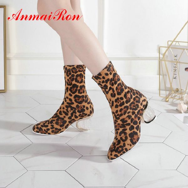

anmairon 2020 zip basic round heels leopard print winter boots women round toe flock ankle boots for women size 34-43, Black