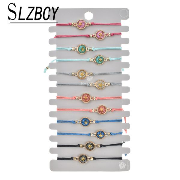 

12 pcs/lot bohemia adjustable rope braided bracelets set for women round drusy star scallop charm bracelet fashion jewelry gifts, Golden;silver