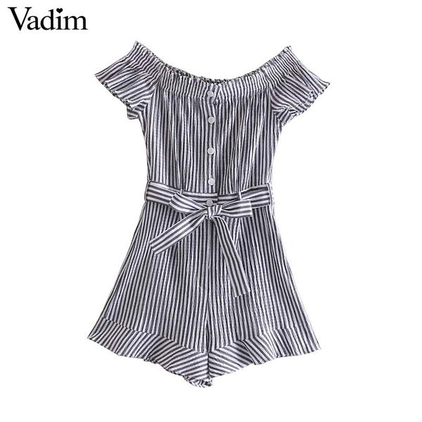 

vadim women casual striped slash neck playsuits sashes ruffles decorate buttons design female stylish summer jumpsuits ka959, Black;white