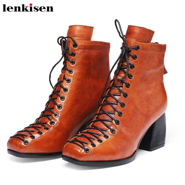 

lenkisen winter new european style genuine leather fashion lace up square toe high heels back zipper solid women ankle boots l75, Black
