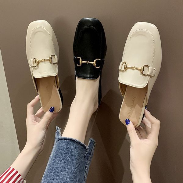 

korean style fashion chain square scalp slippers fur women's high-end shoes with casual all-match real wool non-slip foreign, Black