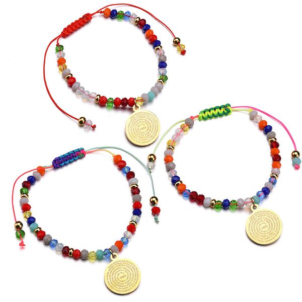 

religious christian lucky multi color red string thread beads bracelets charm women stainless steel rope chain bracelet jewelry, Golden;silver