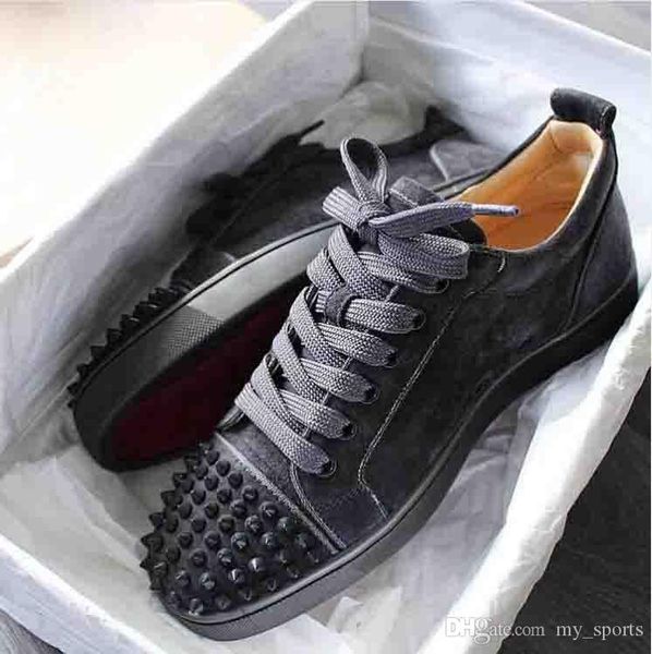 

wholesale famous brand red bottom sneakers gray suede genuine leather men's flat low junior spikes casual walking flats party weddi, Black