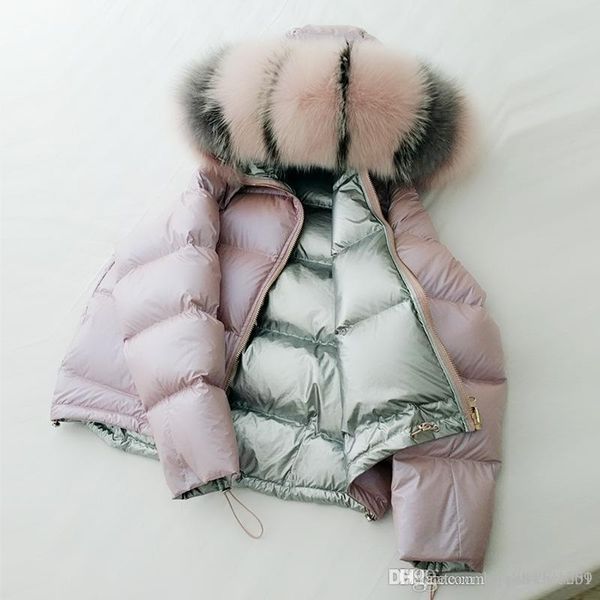 

20ss brand winter women f fox big fur collar jacket korea down cotton loose winter jacket thick short outerwear female hooded coats, Black
