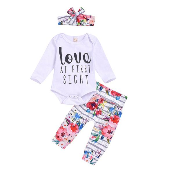 

new baby girl clothes long sleeve letters romper flower pants headband hat 3pcs/4pcs outfits baby clothes, White