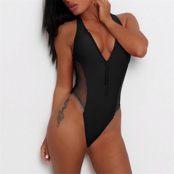 

сетка дамы one piece бикини лето сексуальная v молния шеи женские купальники высокая талия панелями мода женская пляжная одежда, White;black