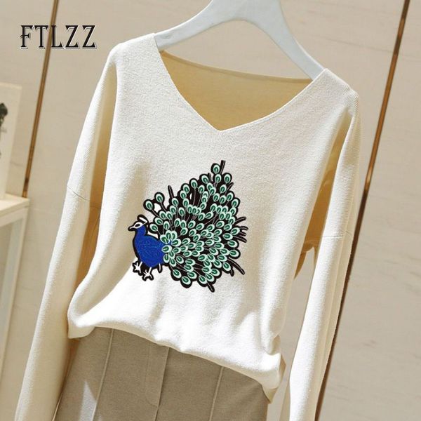 

spring autumn sweater women casual v neck plus size thin knitted ladies peacock printed black white pullover sweaters, White;black