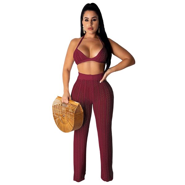 

women two piece pants bikini cover up crochet and pants bikini swimsuit solid beach bathing suit cover ups 2pcs/set, White