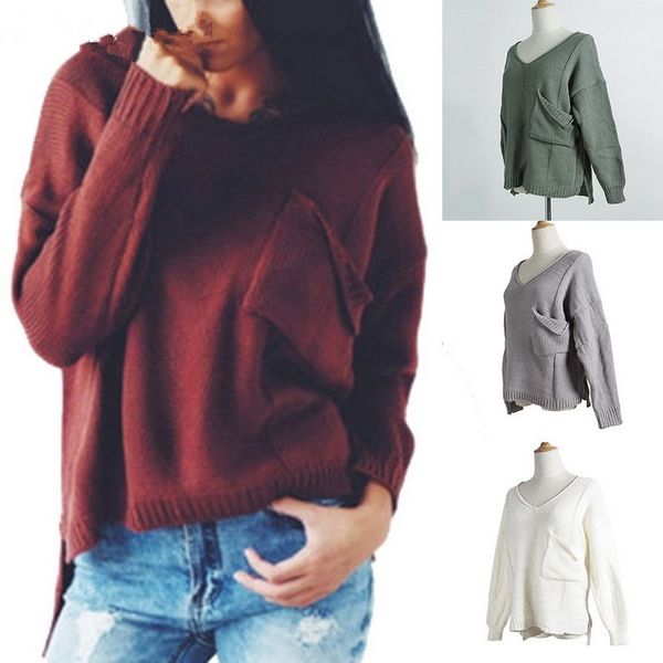

2018 women v neck sweater shoulder pocket long sleeve casual female solid sweater casual autumn winter pullovers clothes, White;black