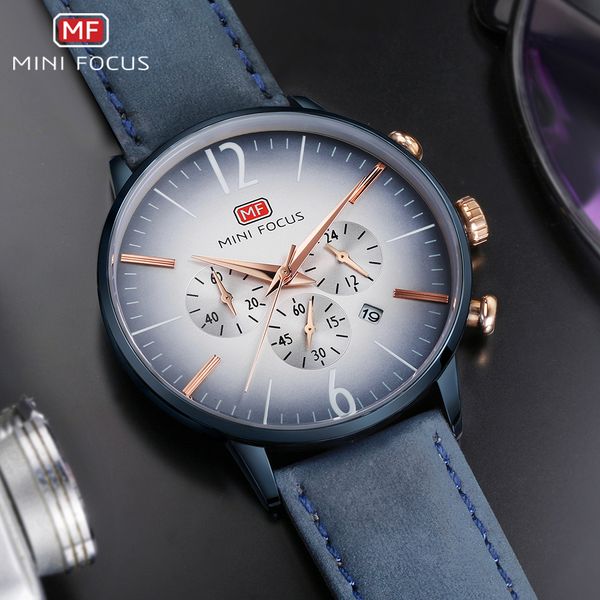 

minifocus sport watch men quartz clock blue genuine leather strap waterproof fashion chronograph date relogio masculino, Slivery;brown