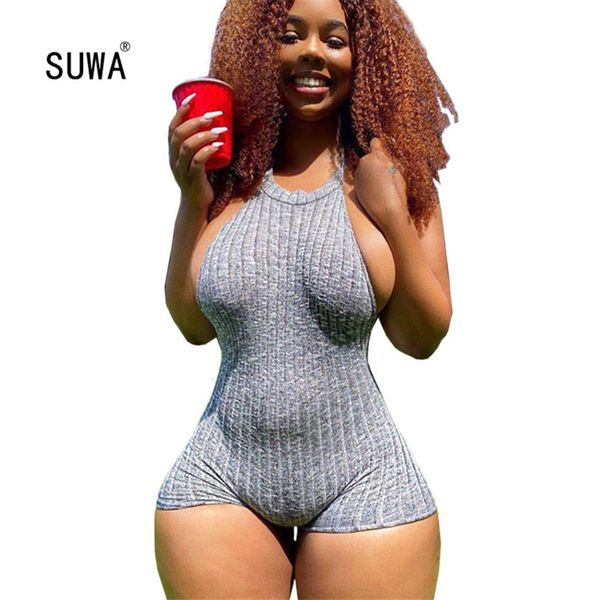 

2020 new product knitted jumpsuit short pure gray sleeveless high waist ladies bodycon street bodycuit romper party night, Black;white