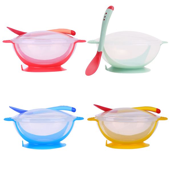 

3pcs/set baby tableware dinnerware suction bowl with temperature sensing spoon baby food kids safety dinner feeding bowls dishes