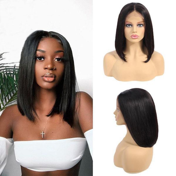 

short lace front human hair wigs with baby hair pre plucked natural hairline brazilian remy full lace bob wigs natural color, Black;brown