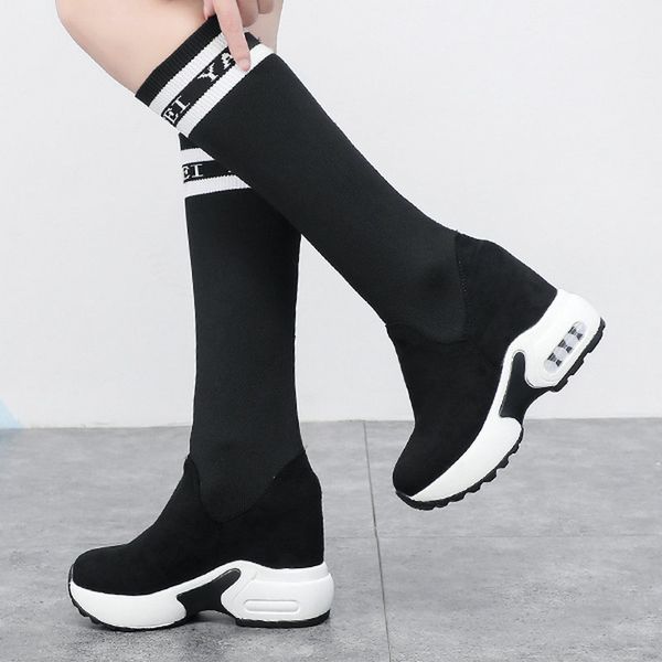 

2019 new knee high boots women autumn fashion shoes for woman height increasing heels young ladies pretty platform footwear, Black