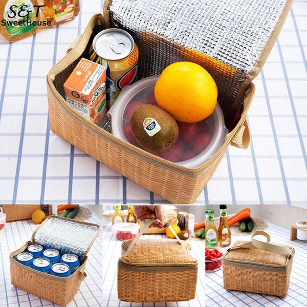

lunch bag outdoor portable insulated thermal 1 interior compartment square cooler lunch box storage bag zipper, Blue;pink