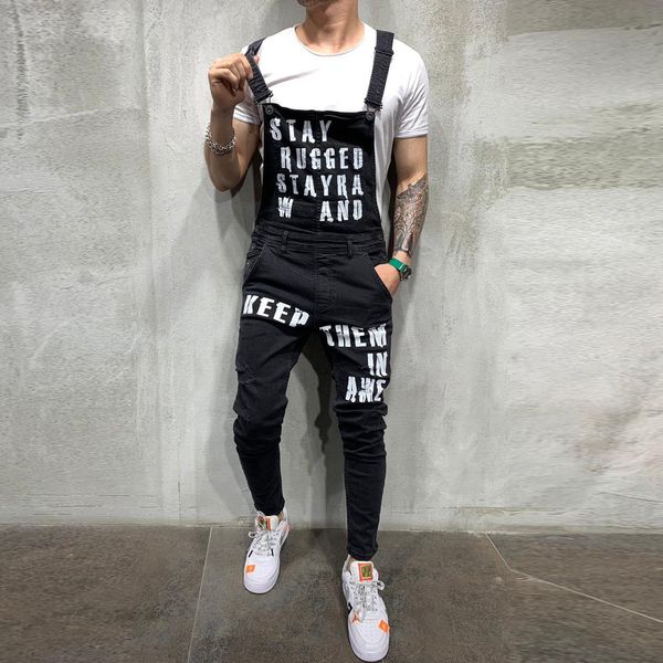 

mens comfortable denim jumpsuits hole pocket jeans overall jumpsuit streetwear overall suspender pants blue pants