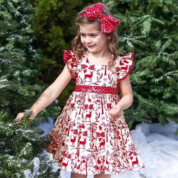 

toddler kids baby girls xmas dresses deer bowknot pageant party wedding princess dress sleeve printed clothes, Red;yellow