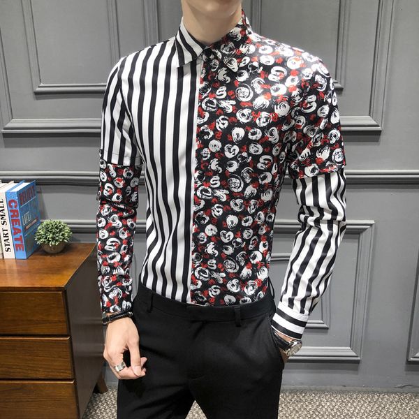 

fashion casual camisa floral masculina autumn mens floral print splice shirts mens flowers shirts slim fit dress for, White;black