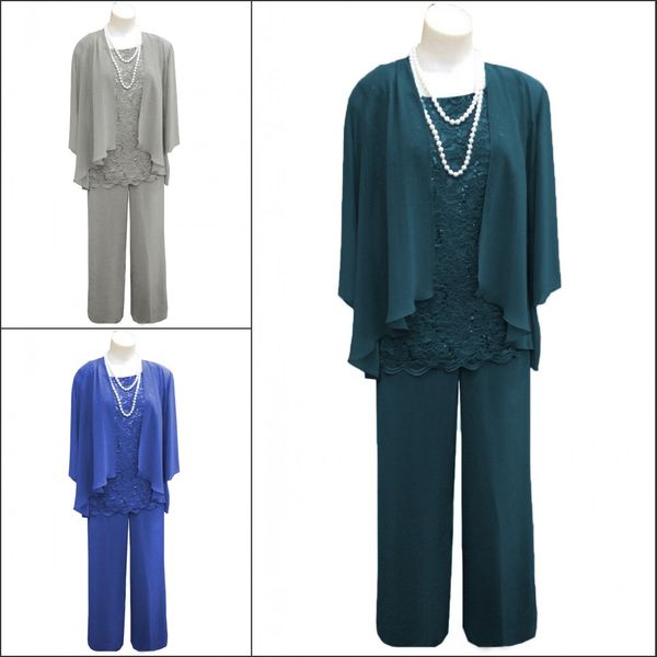 

fashion teal sliver lace royal mother of the bride groom pants suits three pieces with jacket plus size chiffon party evening formal dress, Black;red