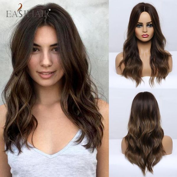 

easihair ombre dark brown light brown highlight wigs cosplay synthetic wigs water wave middle part heat resistant for women, Black