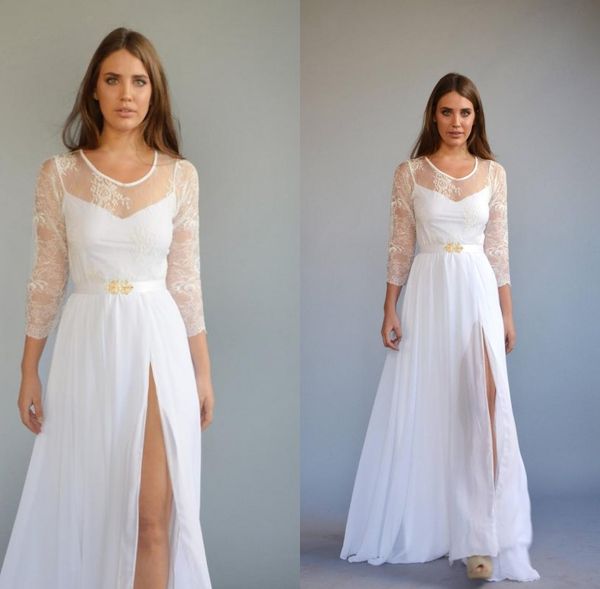 

2020 simple wedding dresses jewel 3/4 long sleeve split hollow appliques chiffon a line bridal gowns floor length vestidos de novia, White