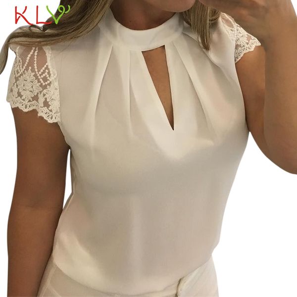 

women blouses summer casual hollow chiffon short sleeve splice lace blouse shirts blusas mujer de moda plus size 3xl, White