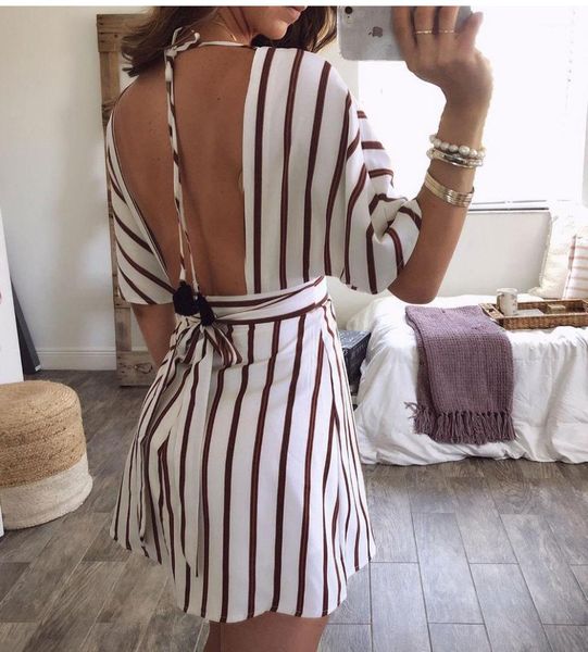 

designer backless beach casual dresses womens dayly clothing mini deep v neck fashion striped printed dress womens summer bandage, Black;gray