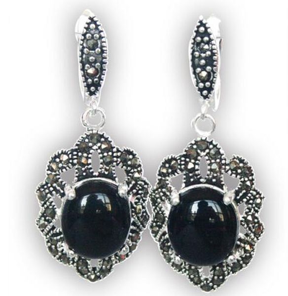 

natural negro natural jade, gemas de plata 925 y pendientes 11/2", Silver