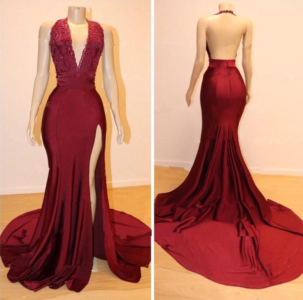 

Gorgeous Halter Neck Lace Prom Dress Long 2019 Real Images Backless Dark Red Mermaid Slit Cheap Evening Gowns Formal Event Wear