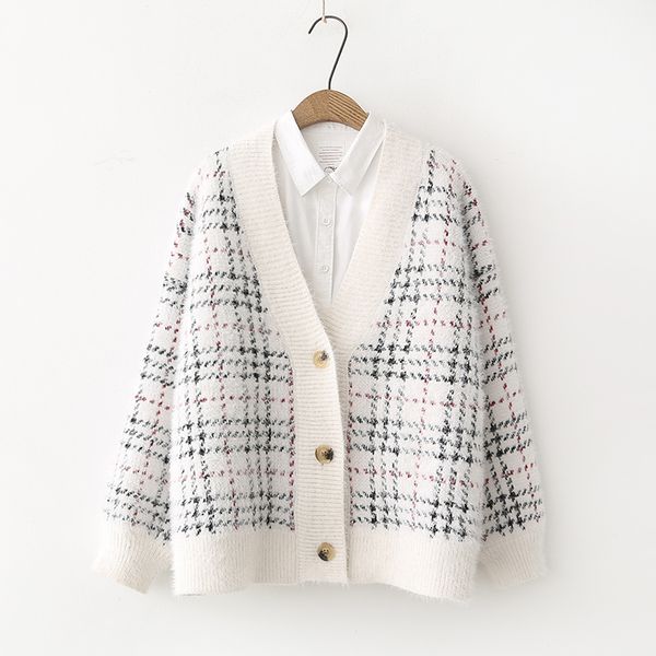 

chic plaid single-breasted cardigan wool sweater mori girl 2018 autumn winter, White