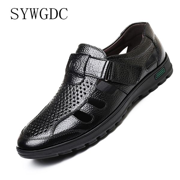 

sywgdc genuine leather men summer sandals breathable casual shoes men hollow sandals soft moccasins shoes, Black