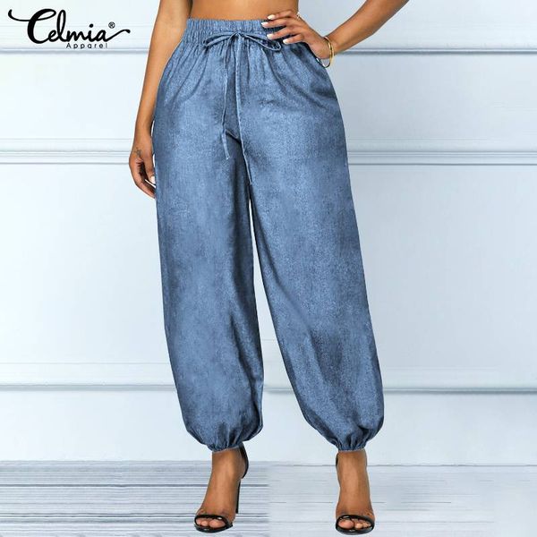 

women demin blue pants jeans 2019 celmia vintage casual loose elastic waist ladies trousers harem pants femme pantalon plus size, Black;white