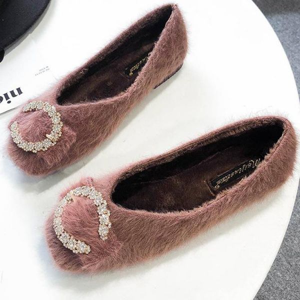 

winter fur shoes women plush warm loafers slip on ballet shoe casual crystal flats large size moccasins lady fashion footwear, Black
