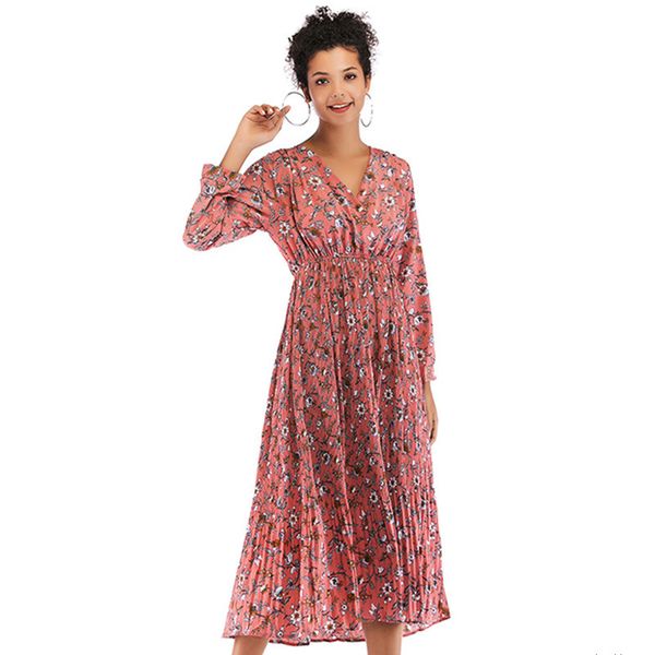 

womens designer floral chiffon large swing dress casual long sleeve base skirt clothingh, Black;gray